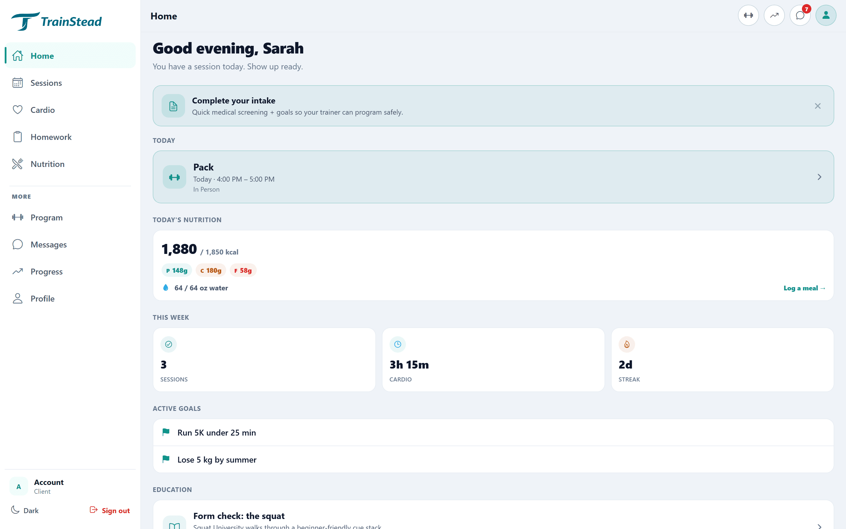 Client home screen in the TrainStead app