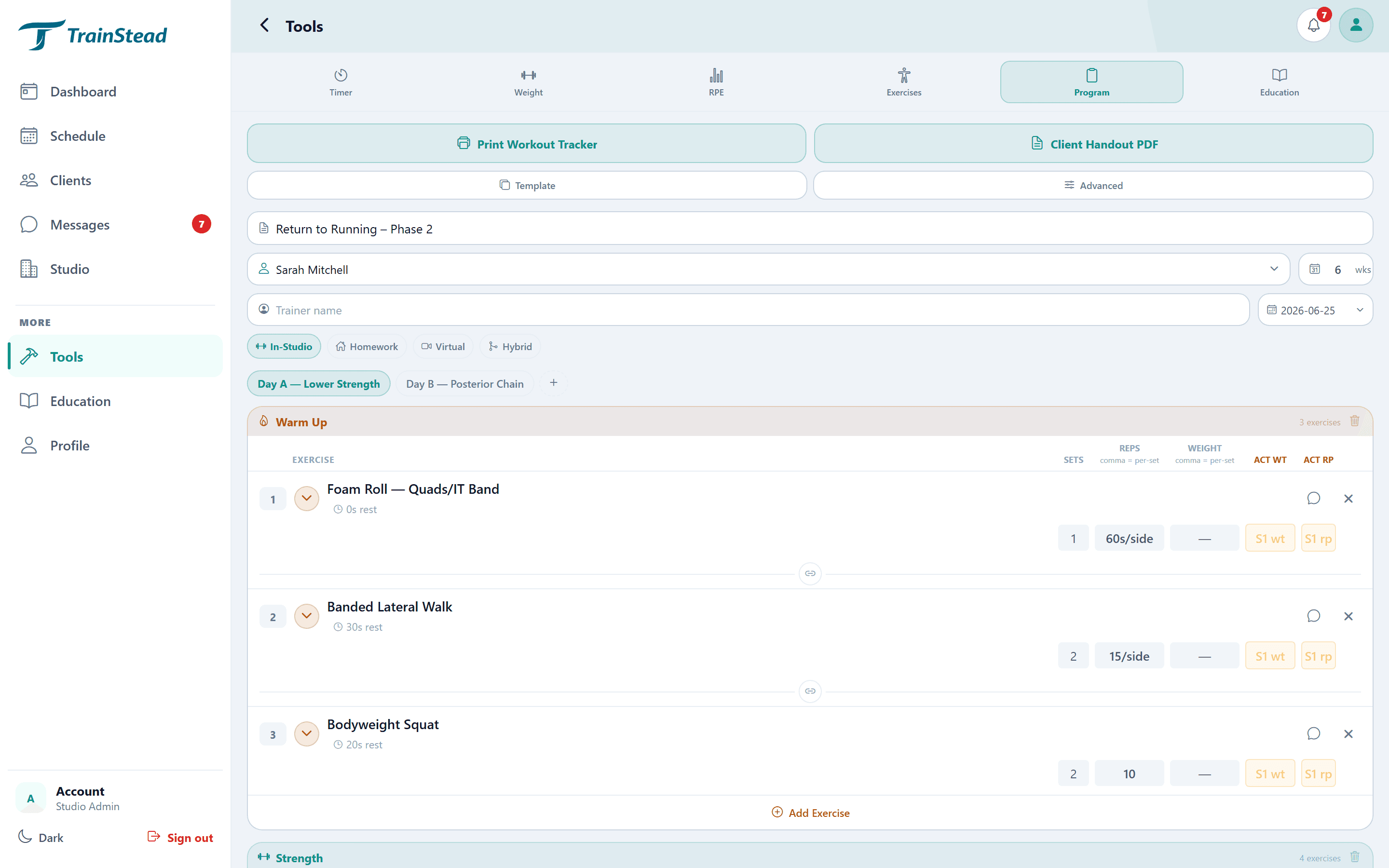 Program builder with exercise library in TrainStead