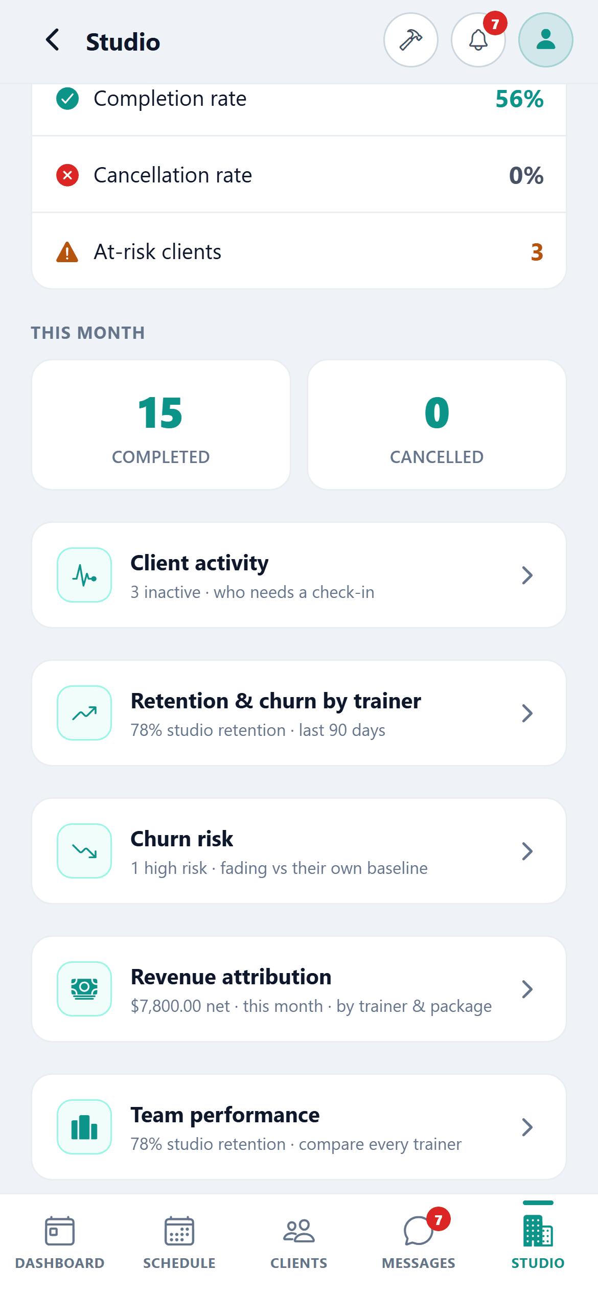 TrainStead studio dashboard showing at-risk clients
